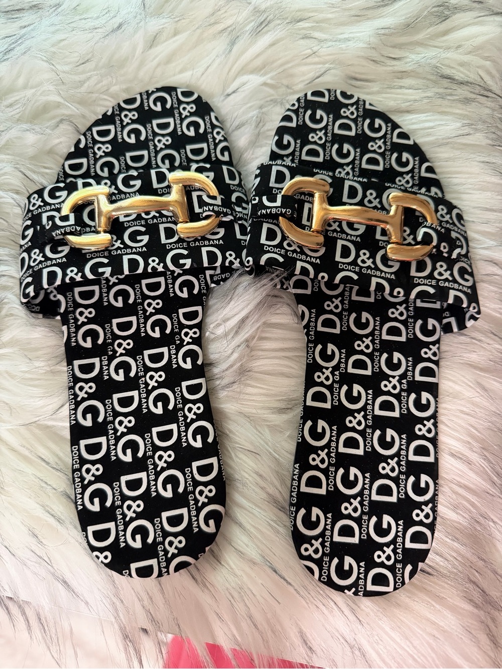 2 pair, DG Black & White Logo Slide Sandals with Gold Hardware